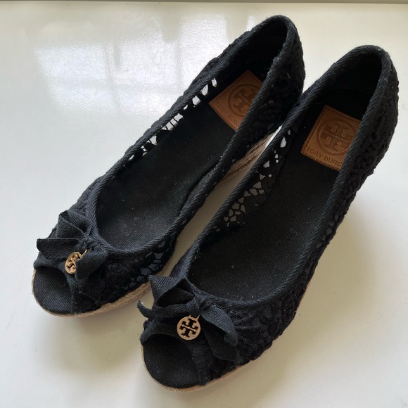 Tory Burch Black Crochet Espadrilles Wedges - Picture 1 of 7